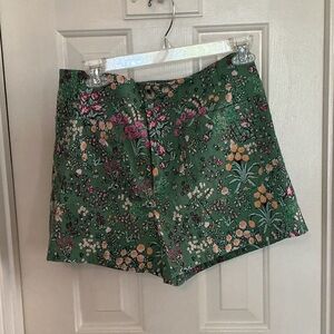 Anthropologie Green Floral High-Waist Shorts with Pink & Yellow Accents